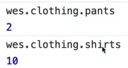 browser console output showing multi-nested attribute lookup for wes.clothing