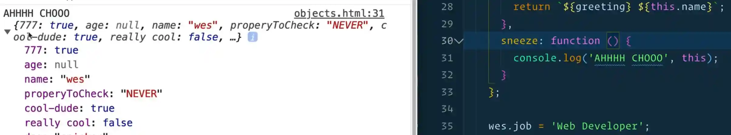 browser console output of a regular function method evaluation to javascript object