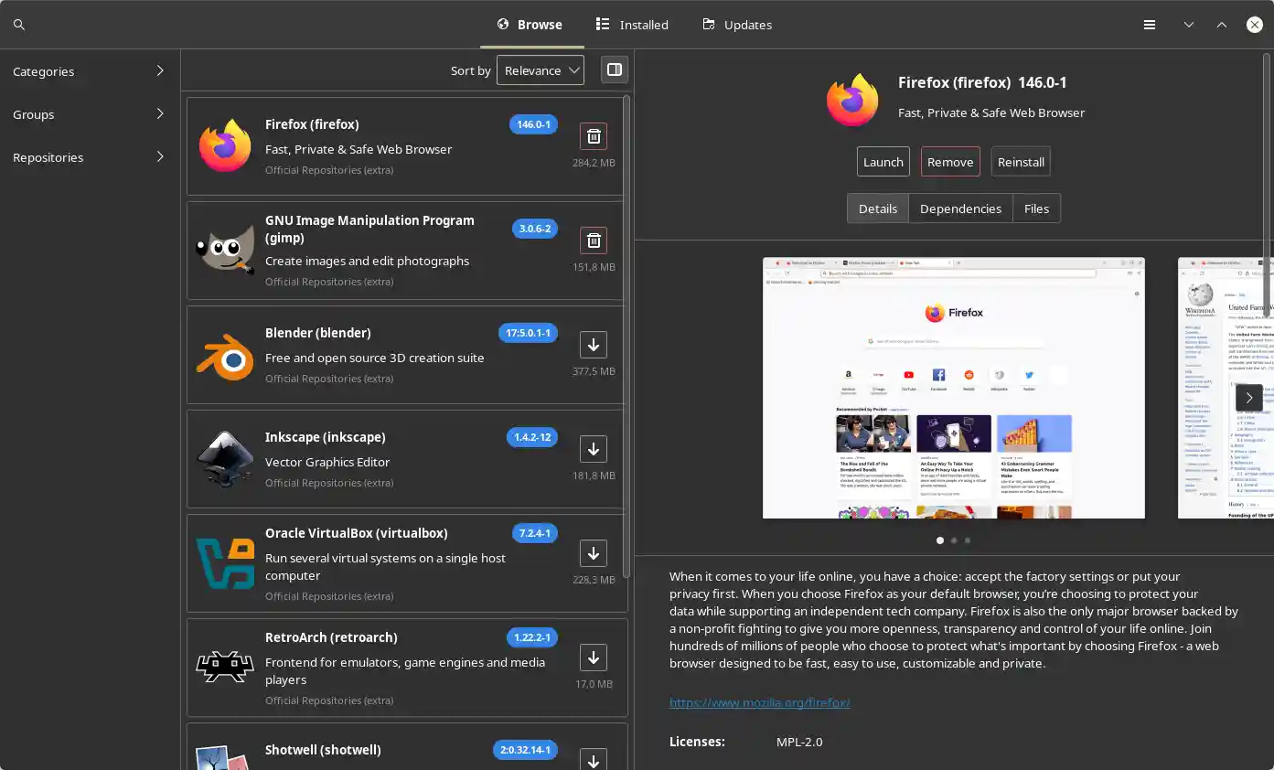Pamac GTK3 on Plasma 6 with package information sidebar