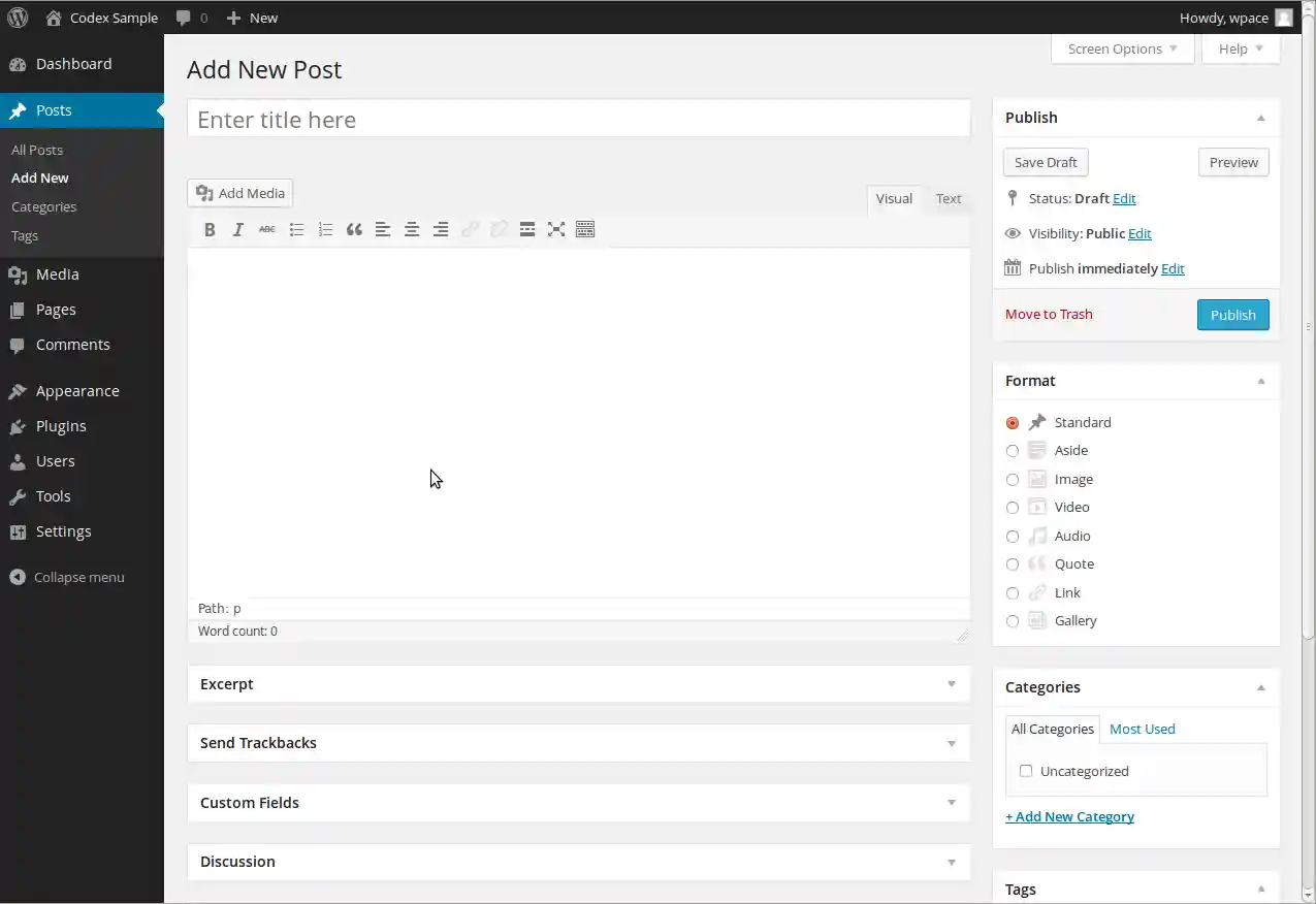 Adding a new post in the classic editor.
