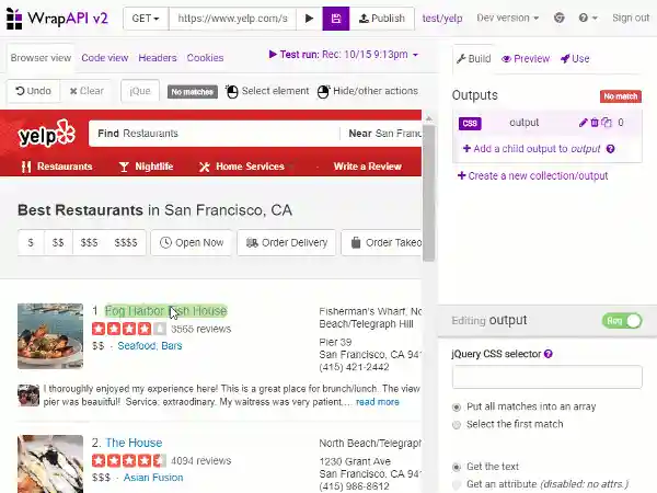 Animation demonstrating WrapAPI Builder extracting data from a Yelp page