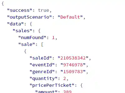 Screenshot of API output with Stubhub sales data (same data)