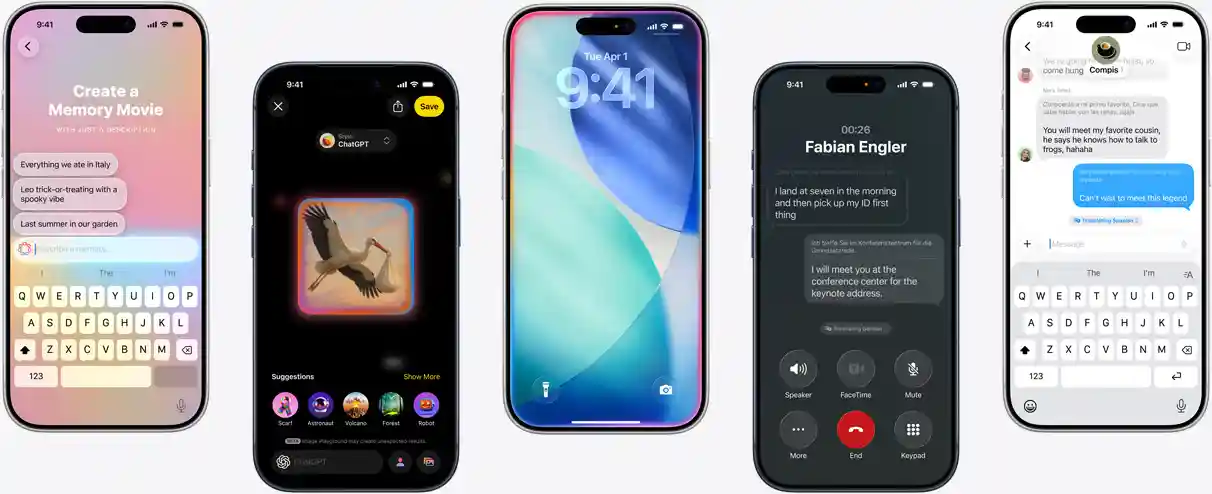Five iPhone devices showing Apple Intelligence features: creating a Memory Movie, generating artwork in Image Playground, the iOS Lock Screen with inner glow, Live Translation during a phone call, and real-time translation in Messages.