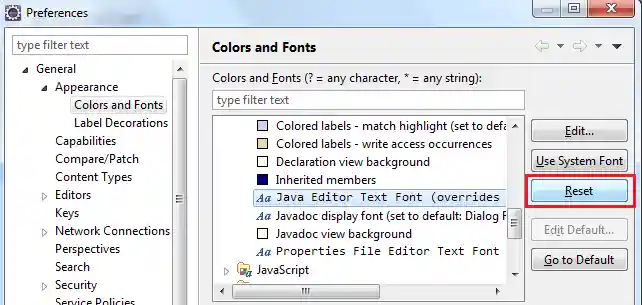 Reset java editor text font