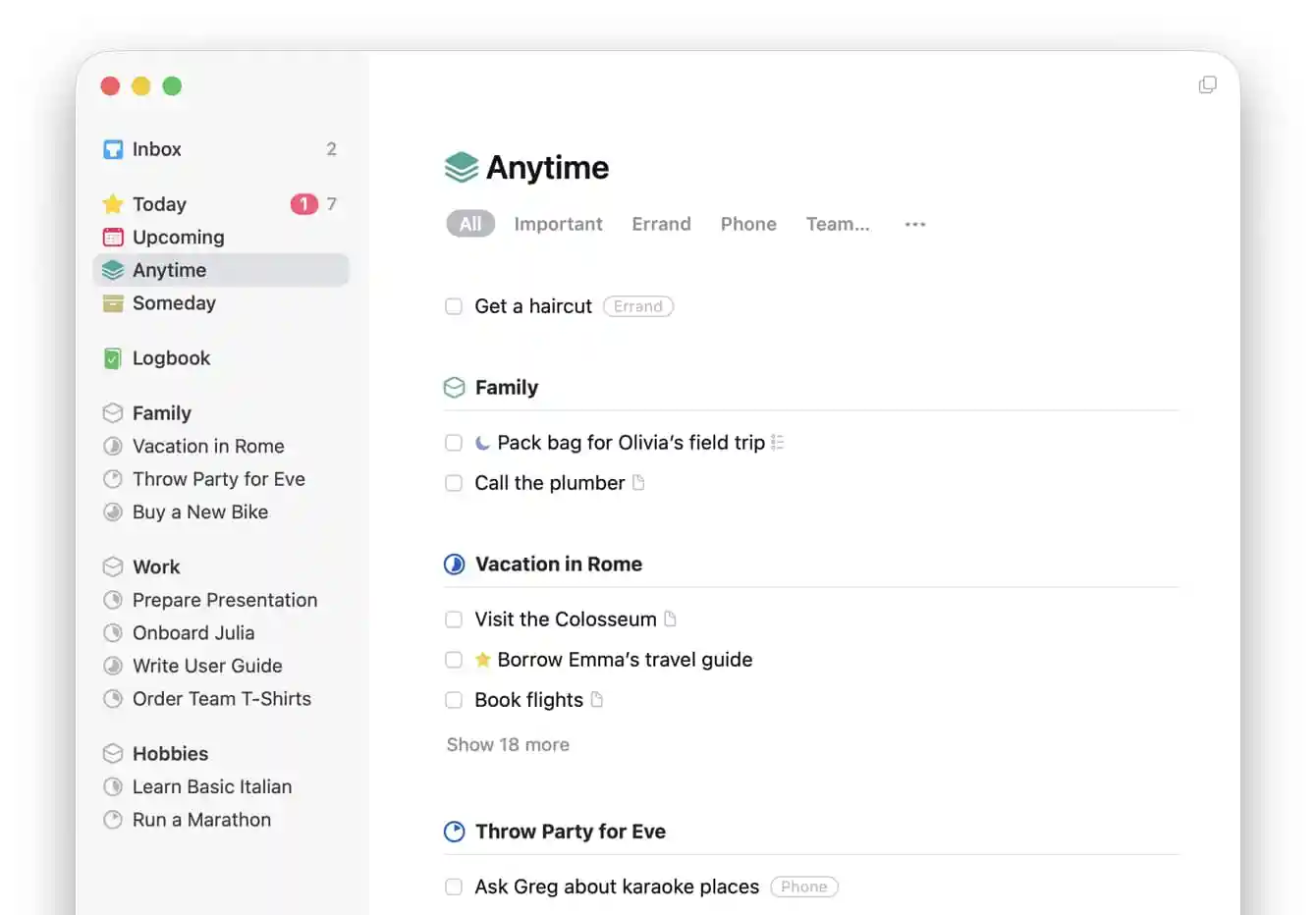 The Anytime list in Things shows all active to-dos which can be tackled at any time.