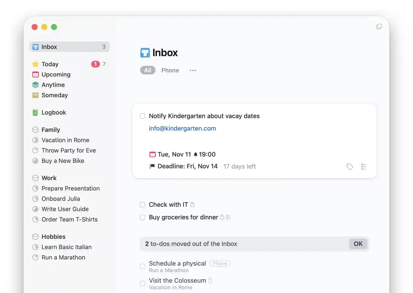 The Inbox is a temporary staging ground for unprocessed thoughs, ideas, and emails.