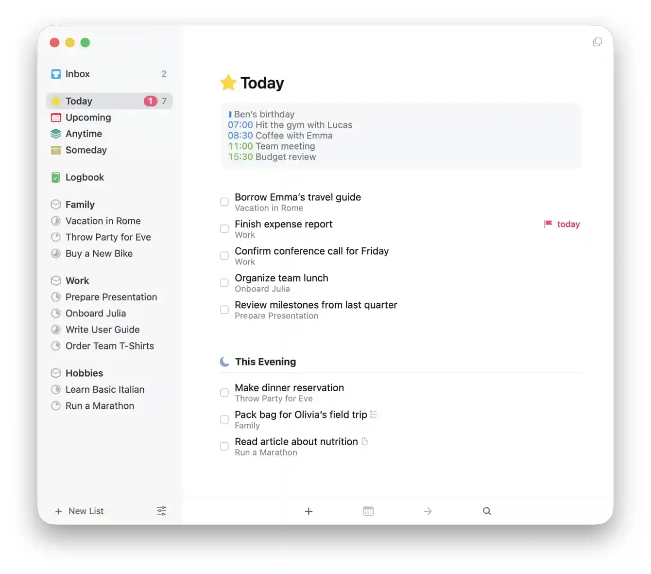 The Today list in Things, including the optional This Evening section and calendar events at the top.