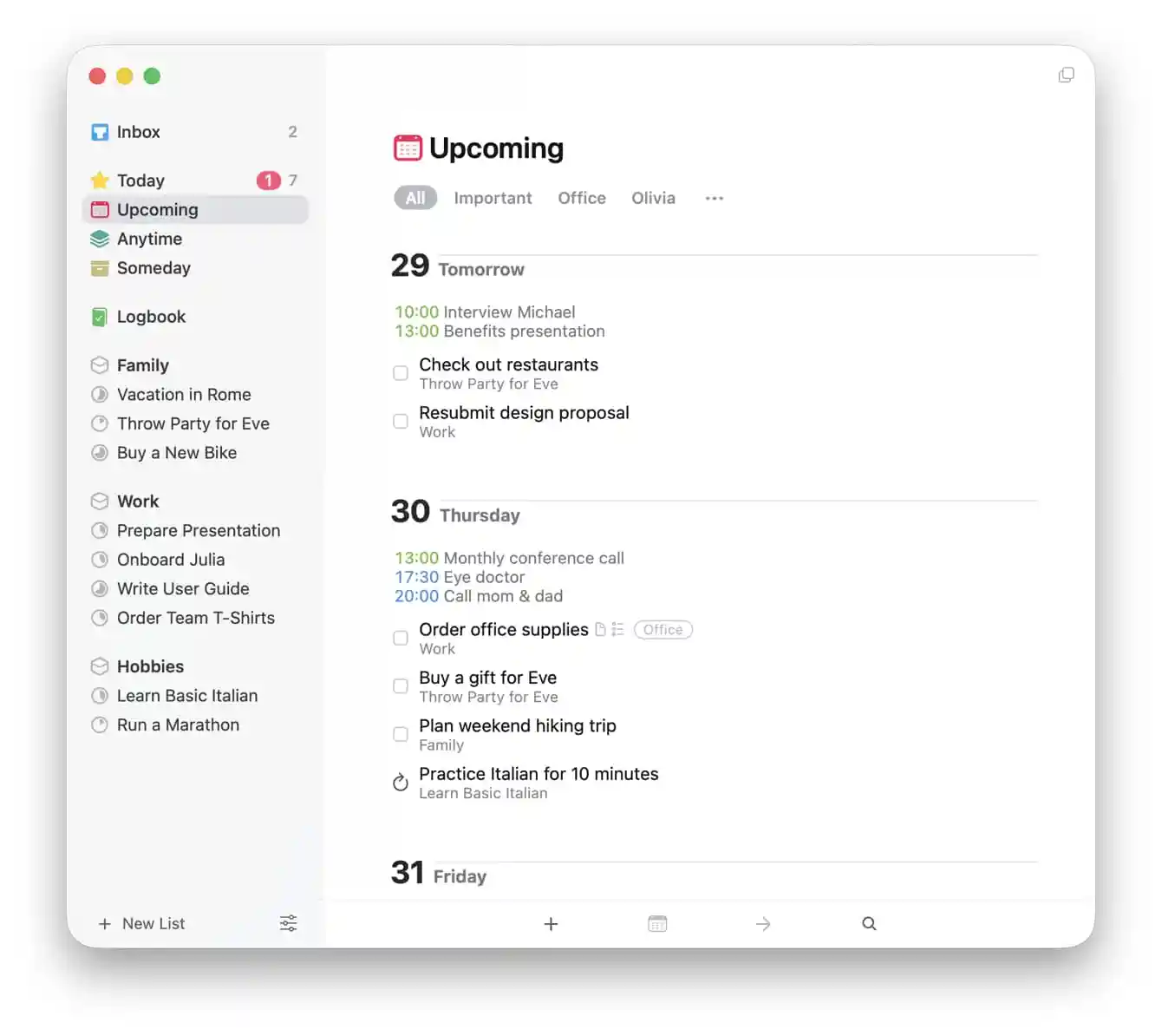 The Upcoming list in Things shows to-dos planned for the future.