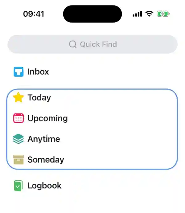 The default, date-based lists in Things.