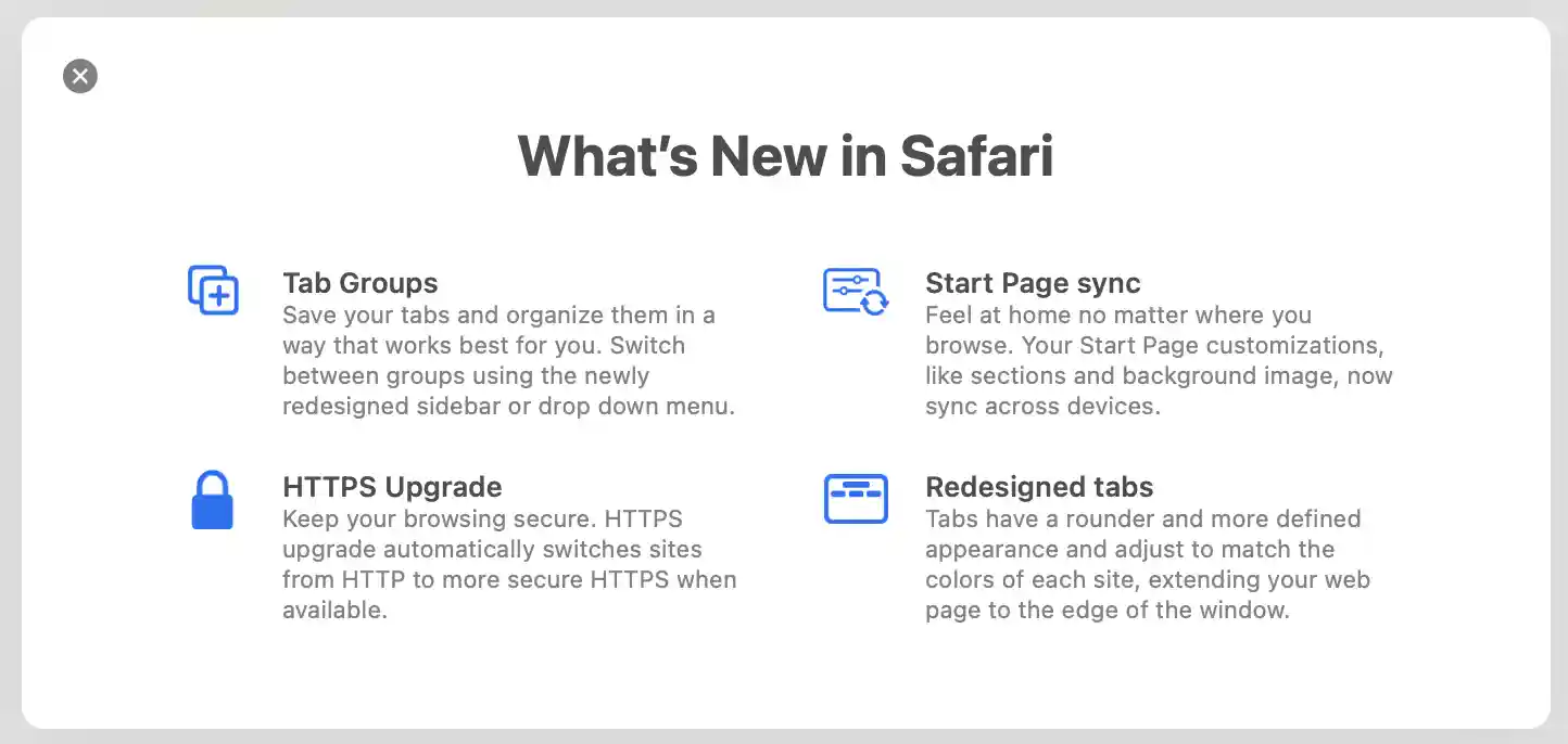 Displays updates for Safari 15, Including HTTPS Upgrade feature