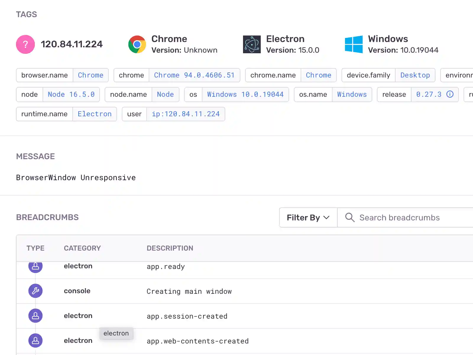 Screenshot of Sentry crash reporting (https://sentry.io). Shows the error message ('BrowserWindow Unresponsive'), user breadcrumbs, and user information.