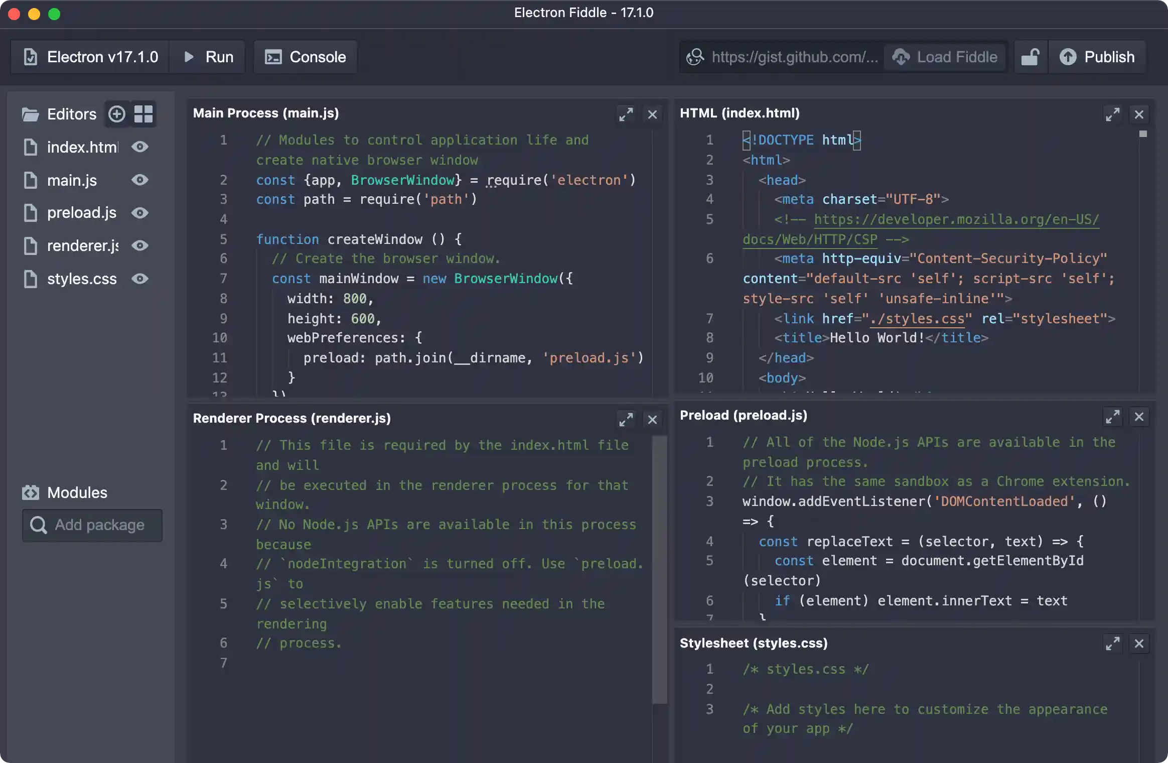 Screenshot of Electron Fiddle's main window