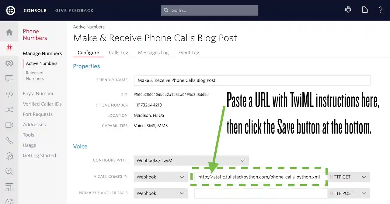 Twilio phone number configuration screen.