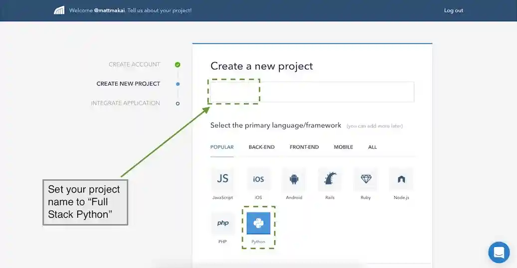 Create a new project named 'Battlegrounds' and select Python as the programming language.