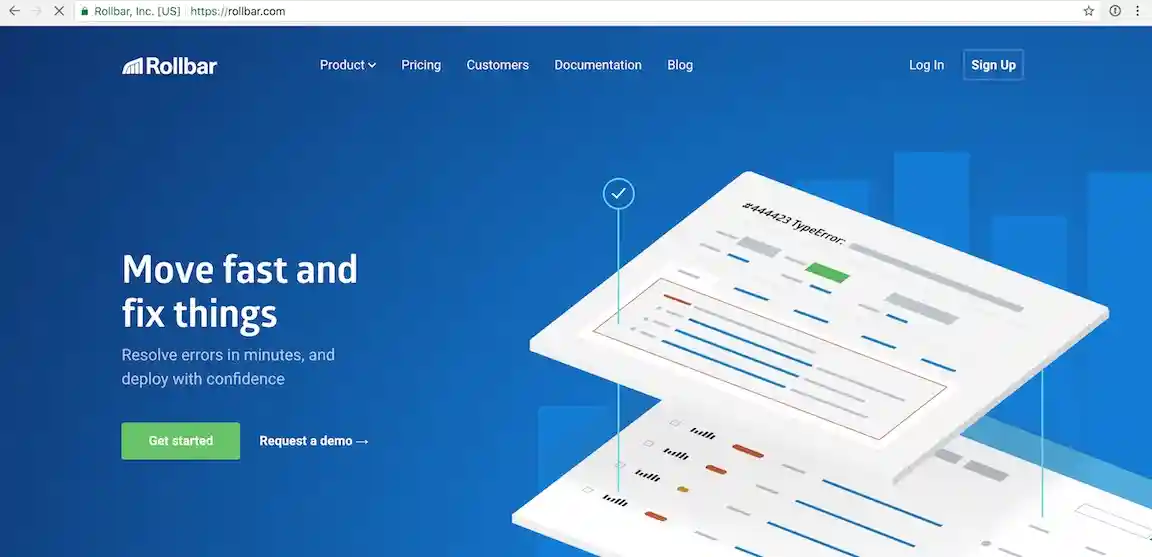 The Rollbar homepage in the Chrome web browser.