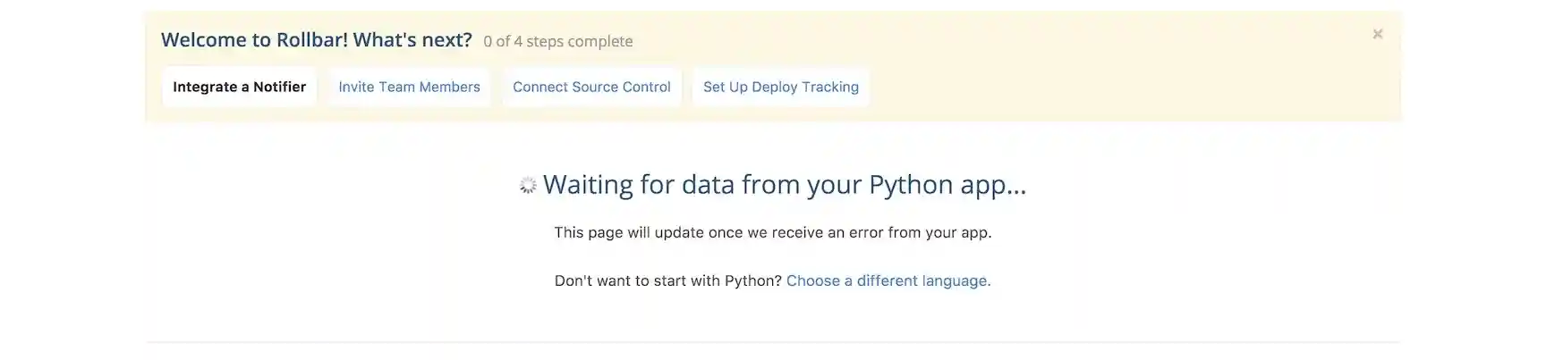 Waiting for data on the Rollbar dashboard.