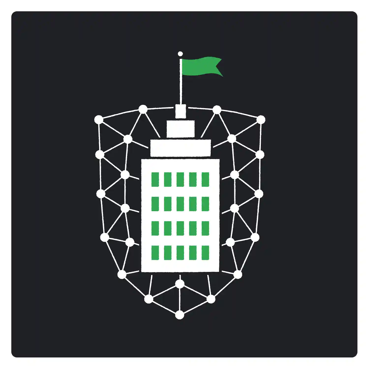 A stylized building within a shield-like shape made of connected white dots and lines, suggesting a network or protective structure.