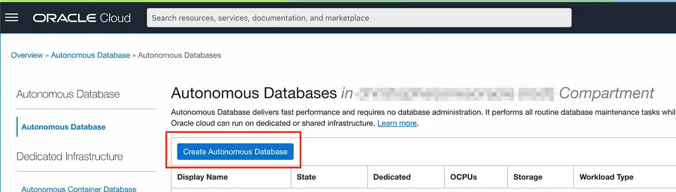 Screenshot of Oracle Autonomous Cloud database creation button