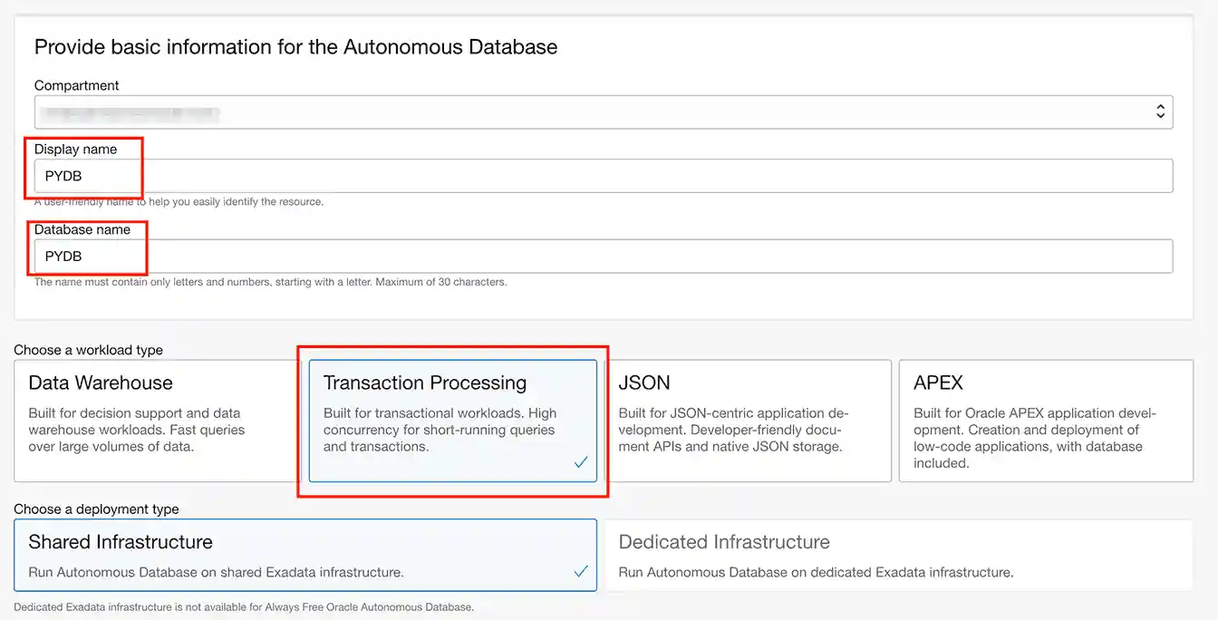 Screenshot of Oracle Autonomous Cloud database creation button