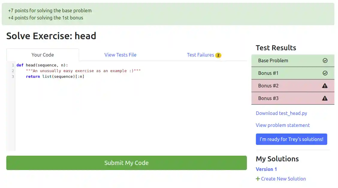 Exercise submission page showing base problem and 1/3 bonuses solved with 11 points rewarded and a button to see Trey's solutions