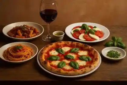 Traditional Italian restaurant interior with rustic decor and authentic pasta dishes on the table