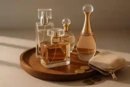 Assorted elegant perfume bottles on a tray, highlighting affordable long-lasting fragrance choices
