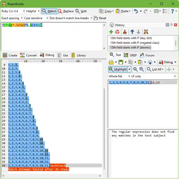 Proof of backtracking in constant time in RegexBuddy