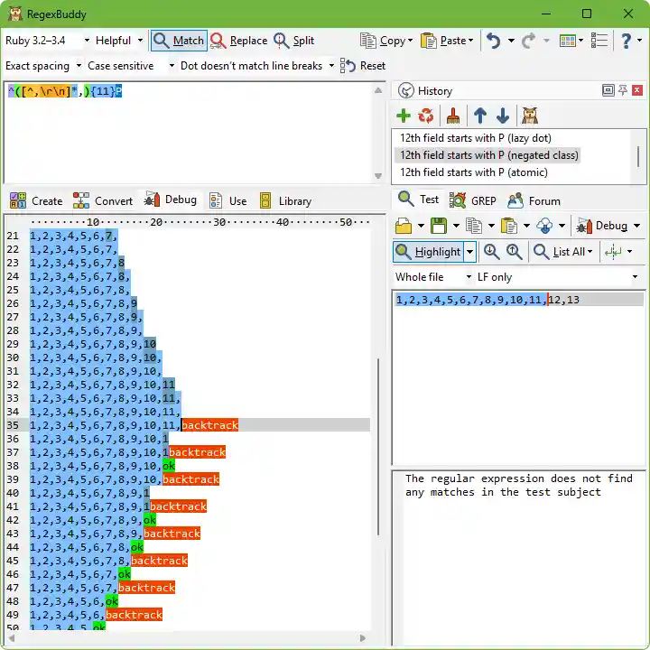 Proof of backtracking in linear time in RegexBuddy