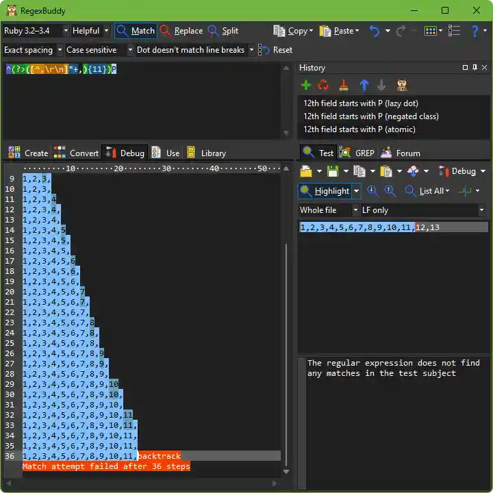 Proof of backtracking in constant time in RegexBuddy