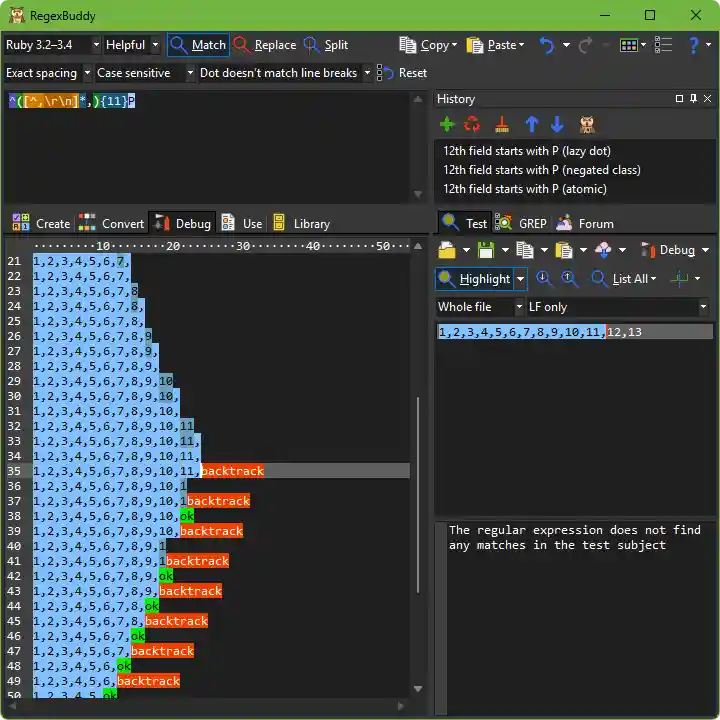 Proof of backtracking in linear time in RegexBuddy