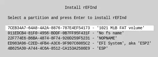 rEFInd's installation tool enables you to select the ESP to which you want to install.