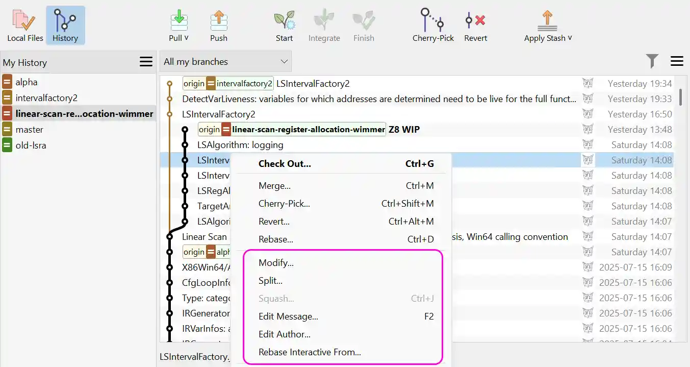 SmartGit's tools for splitting, squashing, and reordering Git commits to maintain clean repository history