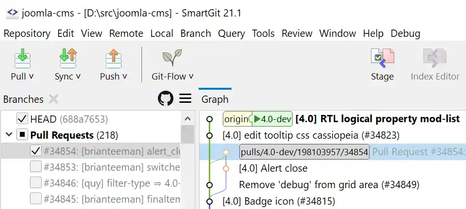 Screenshot of SmartGit showing customizable commit graph with filtered history and branch visualization.