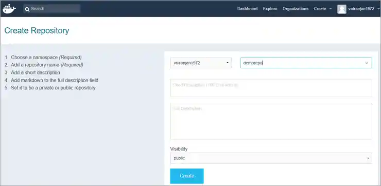Enter info for Creating Repository