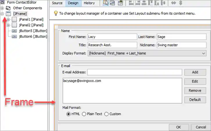 frame window in the GUI editor