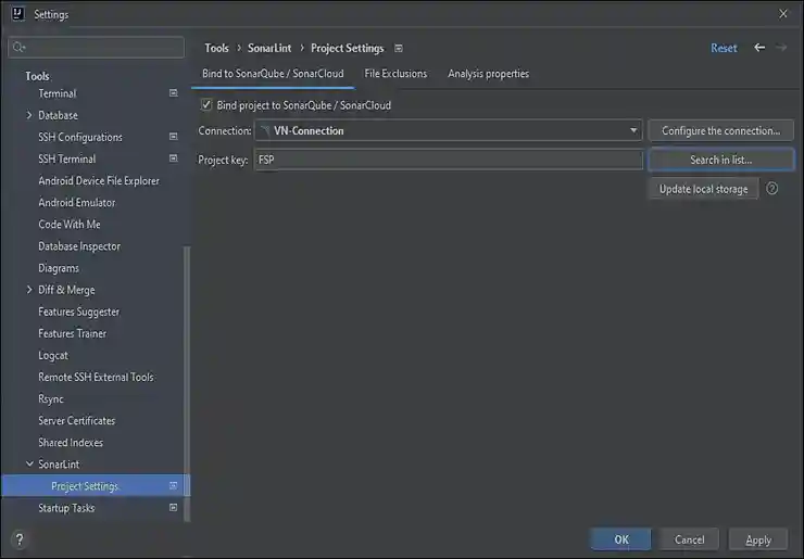 Select the connection - SonarLint for Java