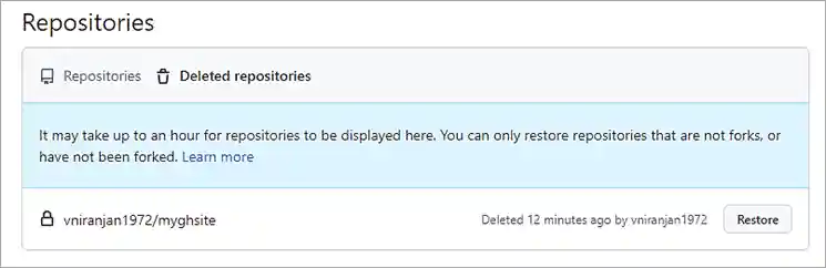 click on Deleted repositories - GitHub Private Repository