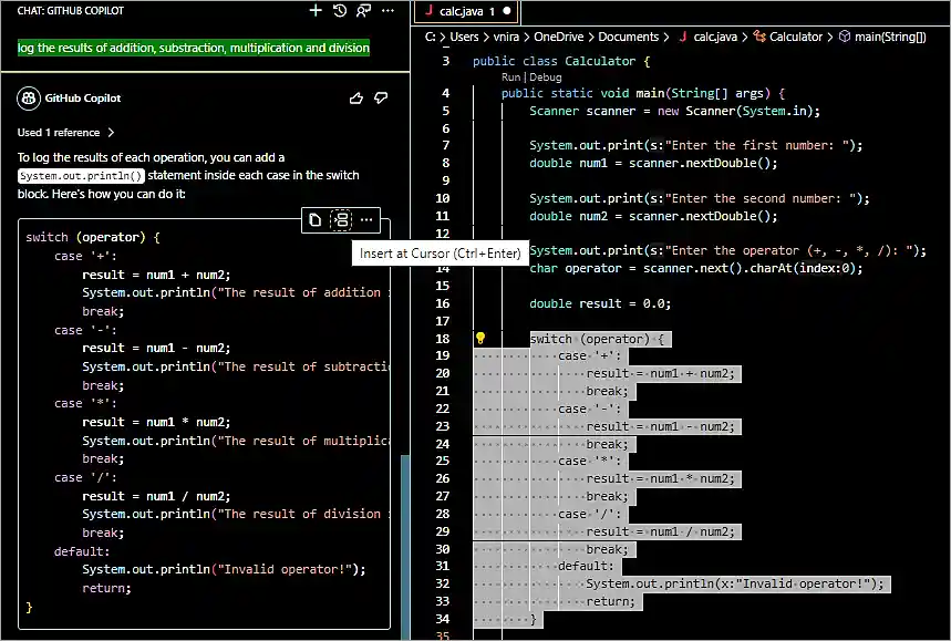 output of each operation