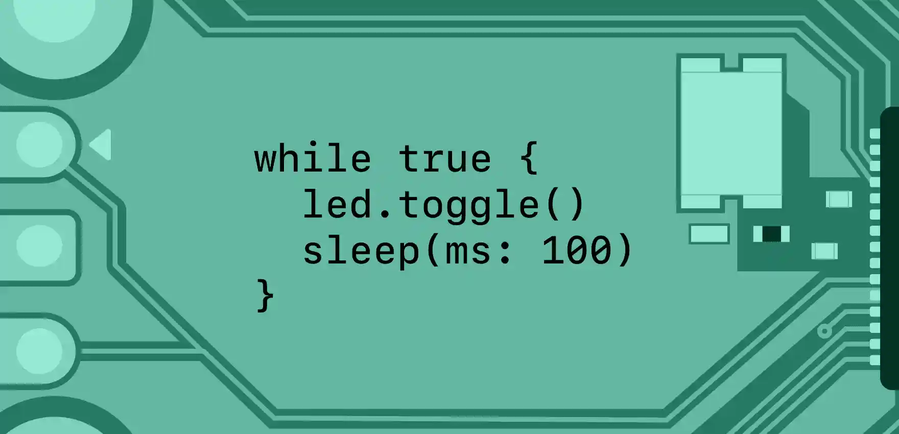 A sample Swift code snippet with a blinking microcontroller next to it