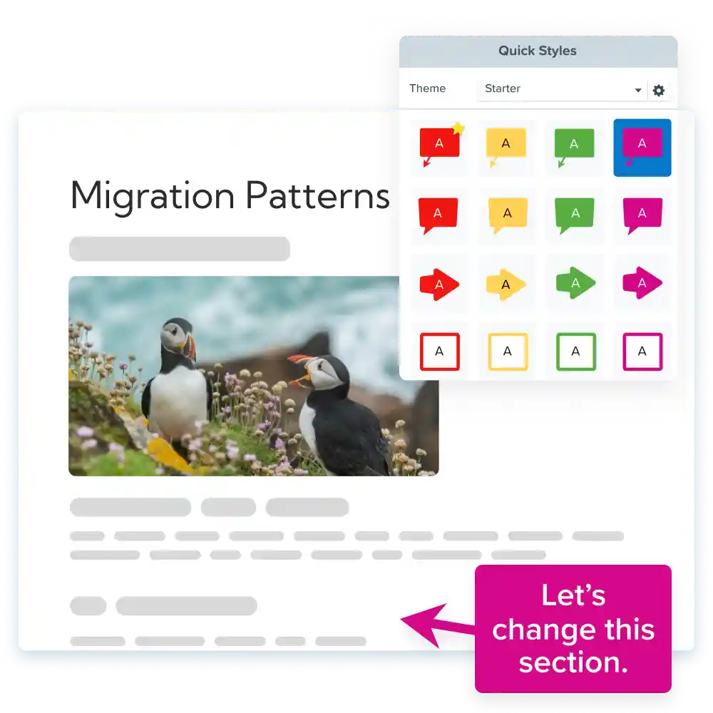 Screenshot of a document about puffin migration patterns with a section for changing styles highlighted.