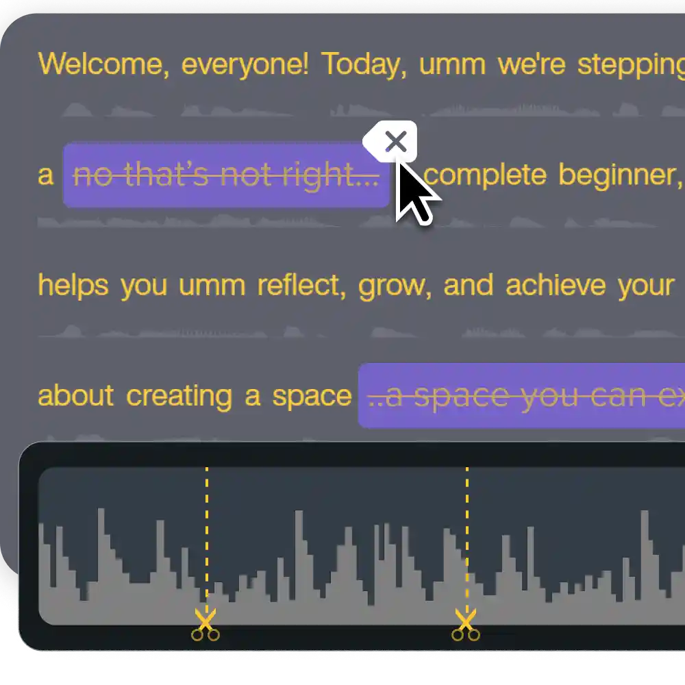 An image showing text being deleted in a doc and a corresponding timeline being cut