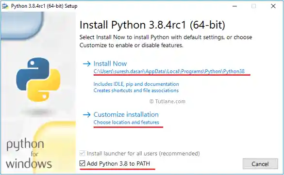 Choose options to install latest python for windows