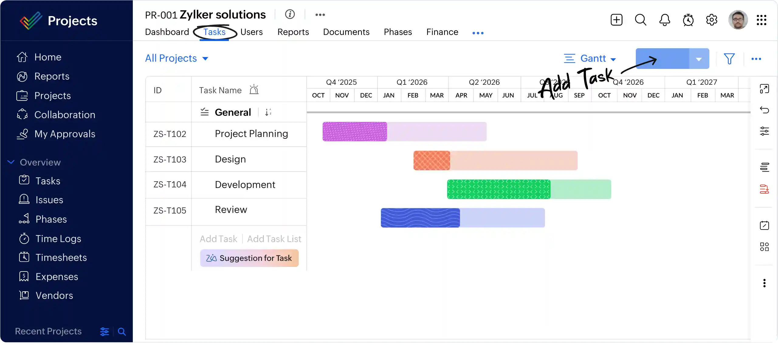 Zoho Projects dashboard mobile view